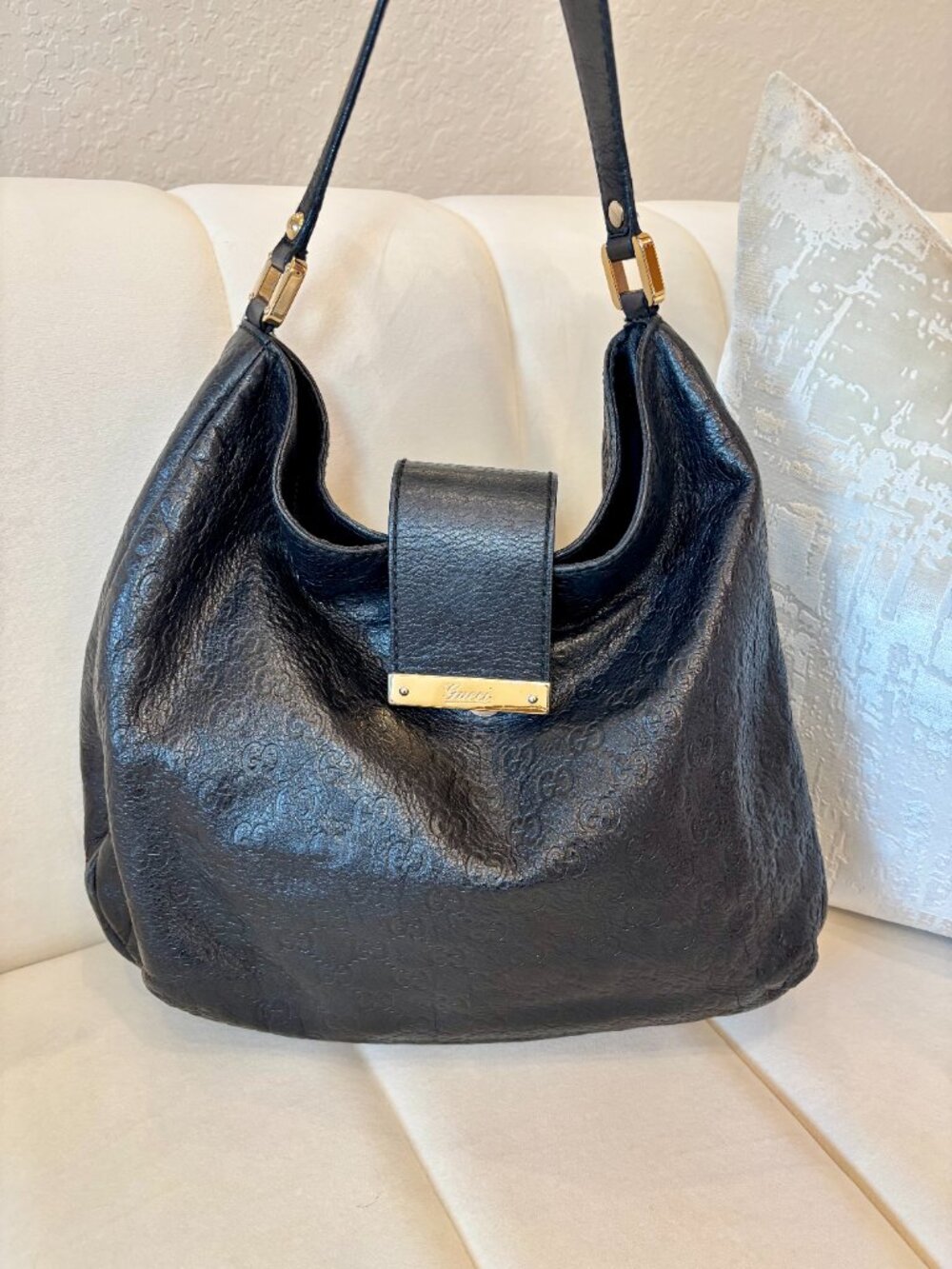 Authentic Gucci GG Embossed Black Leather Hobo Bag